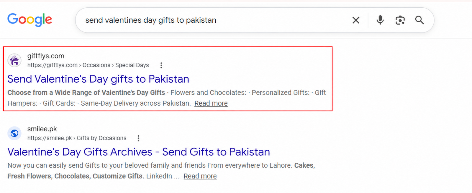 Search screenshot for send valentines day gifts to pakistan, with Giftflys highlighted in red
