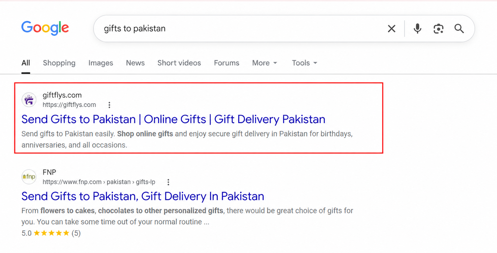 Giftflys gift-delivery search listing highlighted in a supplied screenshot